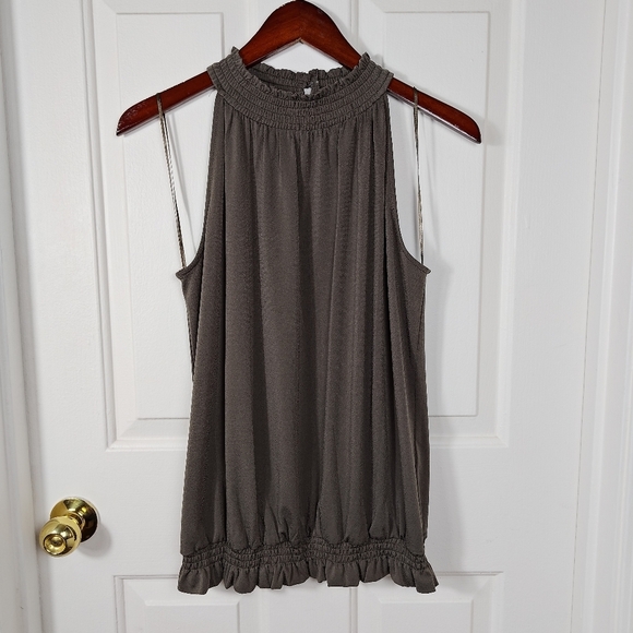 Adrianna Papell Ruched Neckline Bloused Hem Sleeveless Dark Olive Top Large - Picture 5 of 11